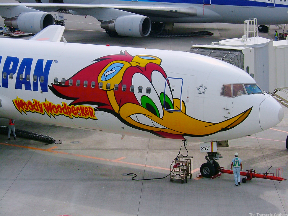 写真画像　全日空(ANA)NH　ボーイング767-300(Boeing767-300) JA8357 USJ特別塗装機ウッディージェット(WoodyJet)　ウッディジェット